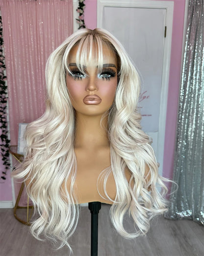Natural Fringe Bouncy Wavy Synthetic Wig with Bangs White Blonde Icy Dark Roots High Quality Futura Fibre Lace Top Wig Women