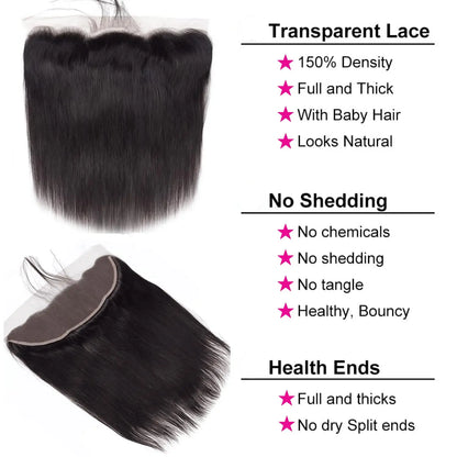 Straight Bundles Human Hair with Frontal Closure Brazilian 100% Human Hair Bundles with 13x4 Lace Frontal Virgin Weave 3 Bundles