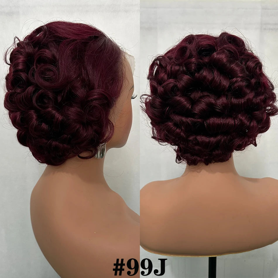 100% Vietnamese Hair Short Pixie Cut Wigs For Black Women 8" Ombre Wavy Hair Wigs Pixie Cut Bouncy Curly 13x4 Lace Frontal Wigss