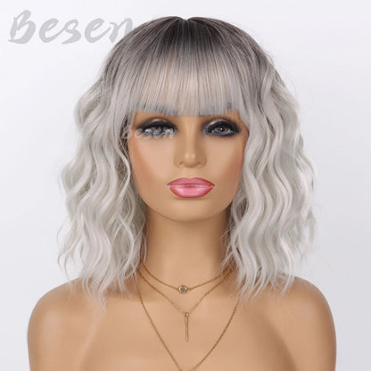 Synthetic Short Curly Bob Wig With Bangs for Women Wavy Shoulder Length Wig Short Water Wave Wig Daily Wear