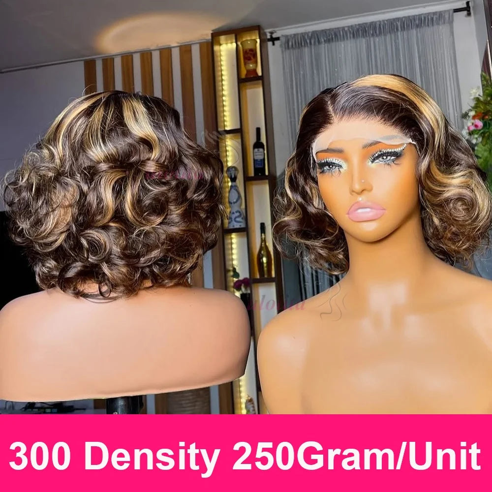 100% Malaysia Hair 300 Density Double Drawn P4 27 Ombre Highlight Bouncy Wave Wear and Go 4x4 Glueless Human Hair Bob Curly Wigs