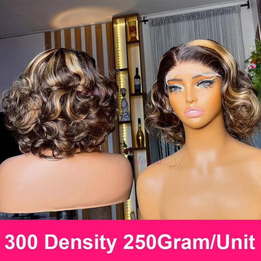 100% Malaysia Hair 300 Density Double Drawn P4 27 Ombre Highlight Bouncy Wave Wear and Go 4x4 Glueless Human Hair Bob Curly Wigs