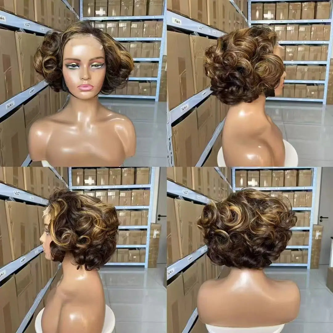 100% Malaysia Hair 300 Density Double Drawn P4 27 Ombre Highlight Bouncy Wave Wear and Go 4x4 Glueless Human Hair Bob Curly Wigs