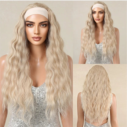 Long Curly Headband Synthetic Wigs Natural Ash Blonde Long Women's Headband Wig Body Wave Bohemian Hair Wig For Women Daily Use