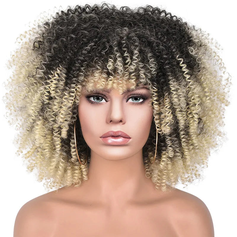 Short Afro Kinky Curly Wig With Bangs For Black Women Synthetic Ombre Glueless Colorful Wig Cosplay Party Halloween Wigs