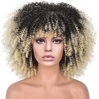 Short Afro Kinky Curly Wig With Bangs For Black Women Synthetic Ombre Glueless Colorful Wig Cosplay Party Halloween Wigs