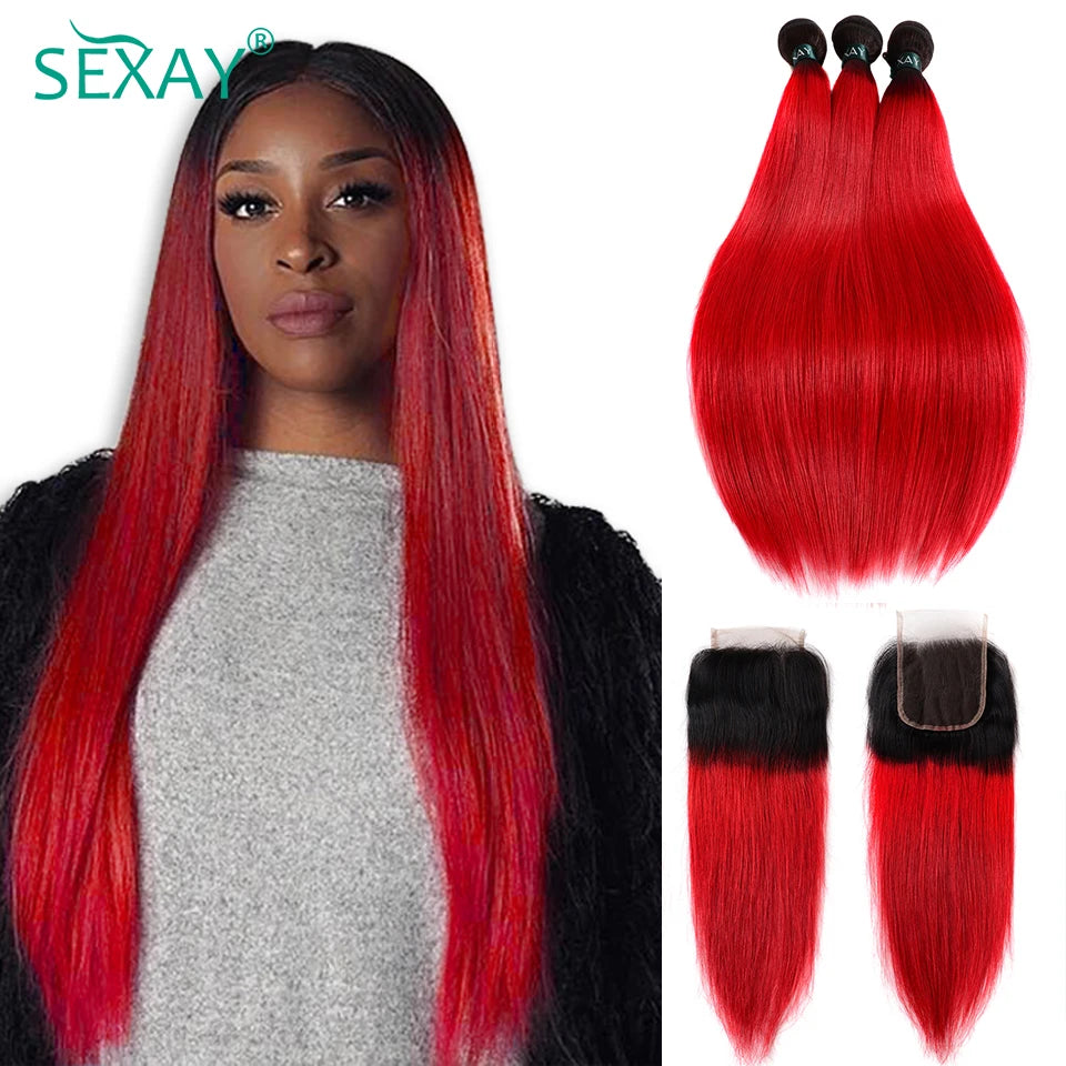 1B Red Bundles With Closure Baby Hair Ombre Straight Human Hair Weave 3 Bundles With 4x4 Transparent Lace Closure Pre Plucked