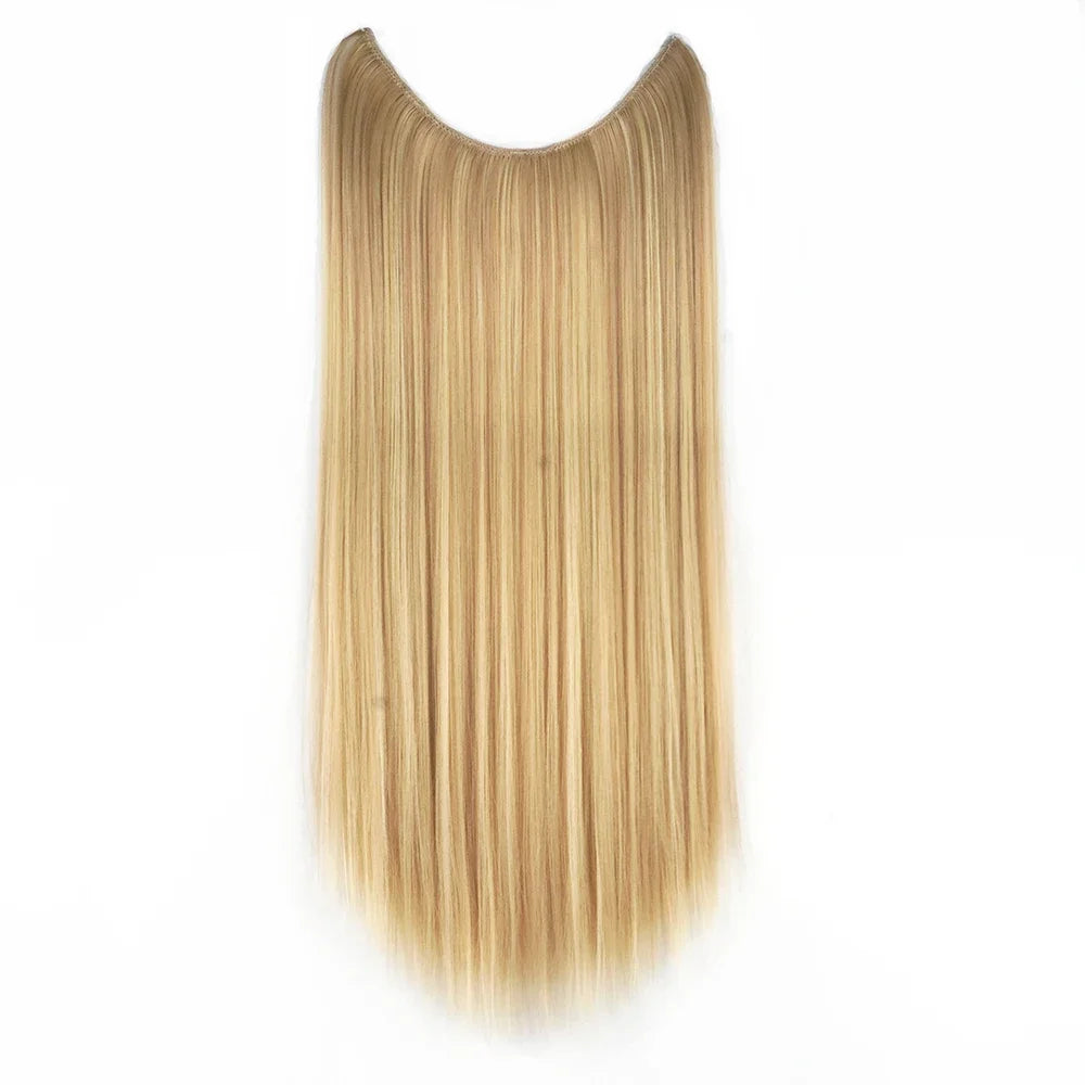 22'' 26'' Long Straight Blonde Synthetic Halo Hair Extensions Fish Line Invisible Hairpiece Extension Fake Hair for Girls