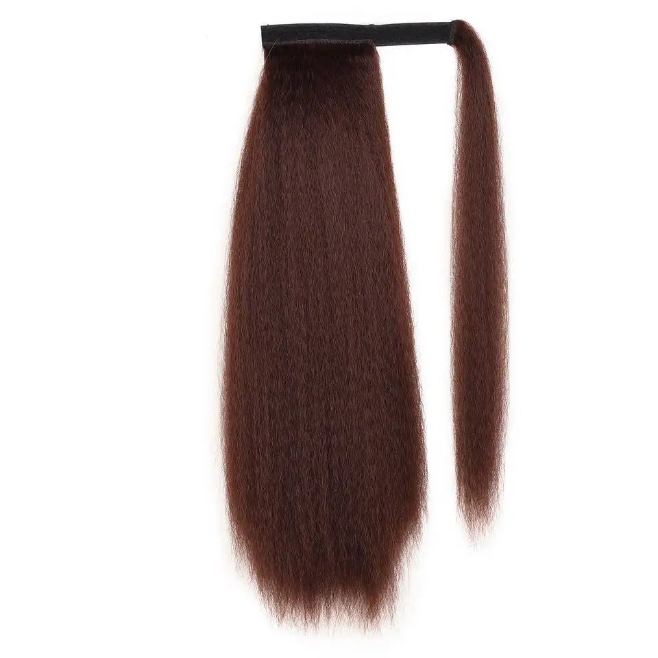 Synthetic Long Kinky Straight Ponytail Extension for Black Women Yaki Wrap Arpund Hair 24 Inch Clip in Magic Paste Black Tail