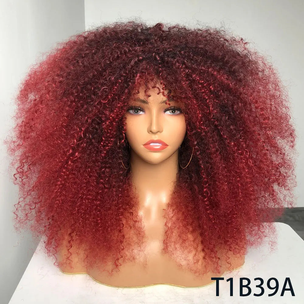 Afro Curly Wigs With Bangs For Black Women Burgundy Wig Synthetic Wine Red Hair Ombre Brown Blonde Cosplay Wig