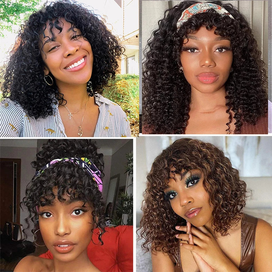 Curly Human Hair Wigs For Women 100% Human Hair Bob Wig Kinky Curly Wig With Bangs Perruque Cheveux Humain Full Machine Made Wig