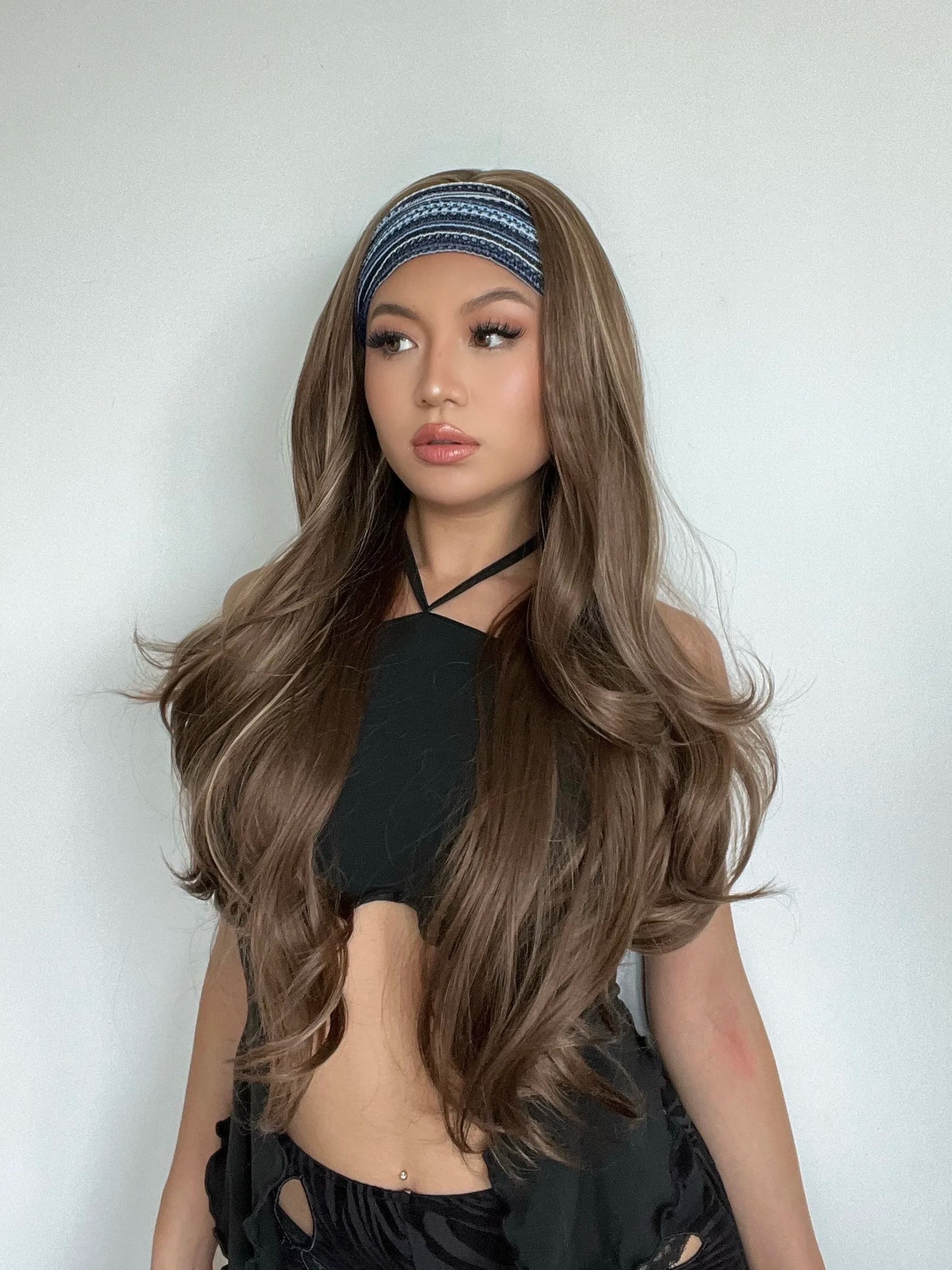 Long Headband Synthetic Wigs Natural Wavy Brown Highlight Headband Hair Wigs for Women Heat Resistant Cosplay Party Fake Hair