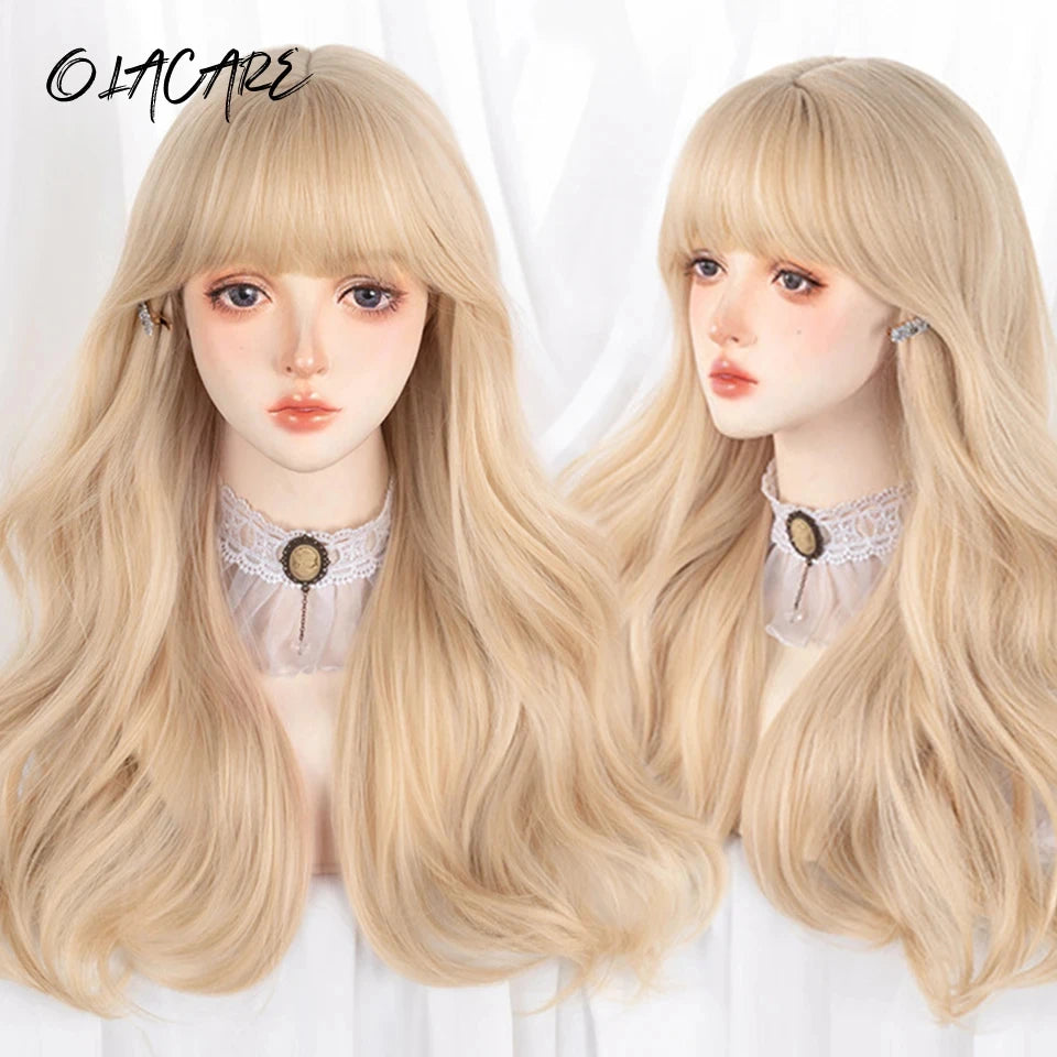 Long Curly Wave Wig with Bangs Blonde Biue Colorful Cosplay Wig for Women Daily Party Natural Soft Synthetic Hair Heat Resistant