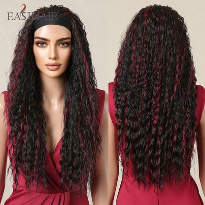 Long Headband Synthetic Wigs Natural Wavy Brown Highlight Headband Hair Wigs for Women Heat Resistant Cosplay Party Fake Hair
