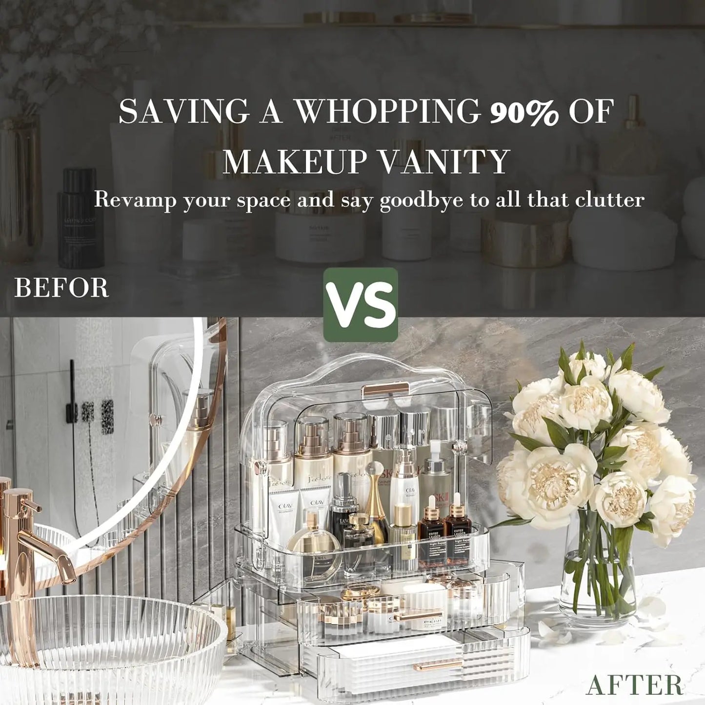 Cosmetics Storage Box With Lid and Handle Large Makeup Organizer Box Drawers for Skincare Display Cases Countertop, Bathroom