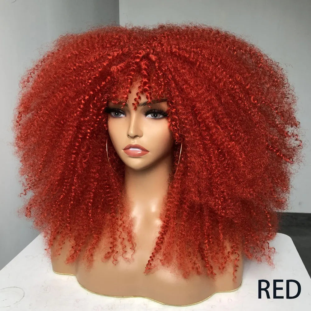 Afro Curly Wigs With Bangs For Black Women Burgundy Wig Synthetic Wine Red Hair Ombre Brown Blonde Cosplay Wig