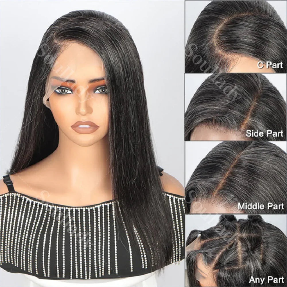 LULUCHIC Full Lace Wigs Silky Straight Lob Dark Salt & Pepper Human Hair Short Bob Part Anywhere High Breathable Cap Wigs