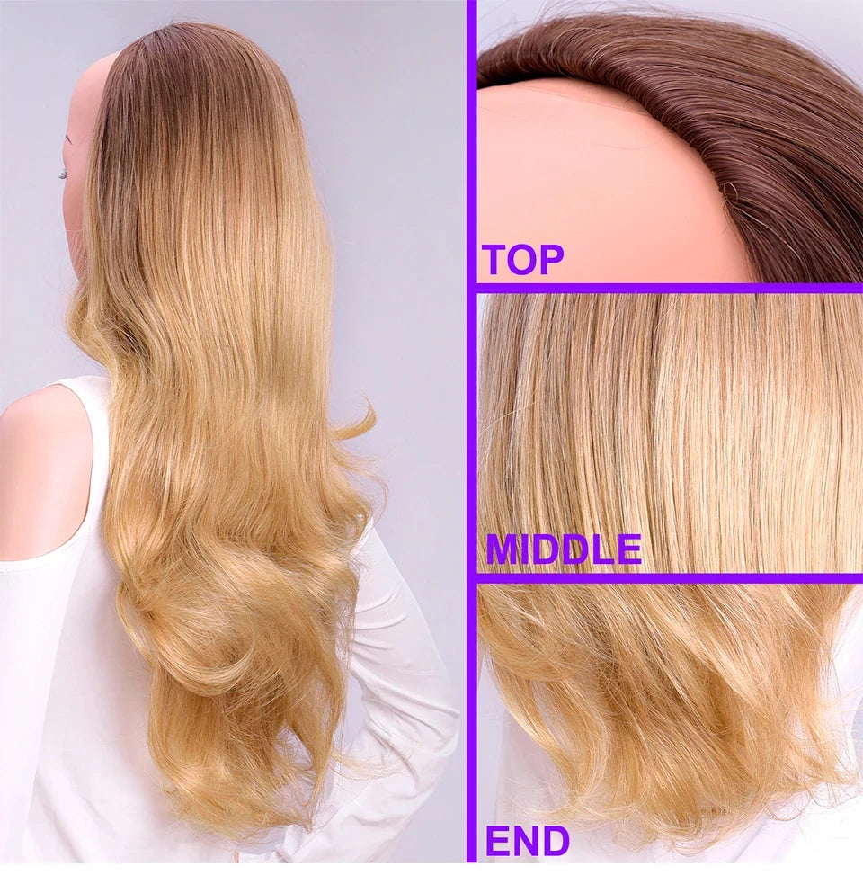 24 Inch Synthetic Long Wavy Head Tied  3/4 Half Wigs for Women With Clips In, Hair Extension Blonde Wigs