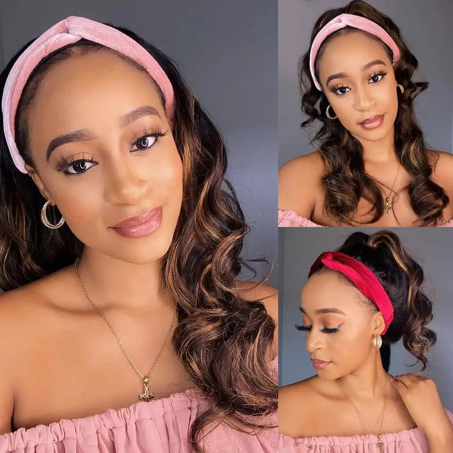 Long Wavy Headband Wig for Women Black Wigs with Brown Blonde Wigs Put On and Go Glueless Wig Long Synthetic Wig Party Daliy Use