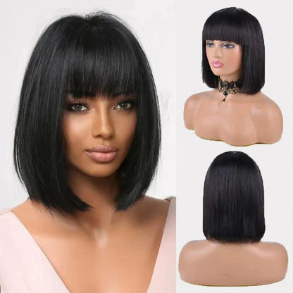 Yaki Straight Bob Wig with Bangs Human Hair 180% Density 10 inch Natural Black Short Bob Wigs Human Hair With Bangs Glueless