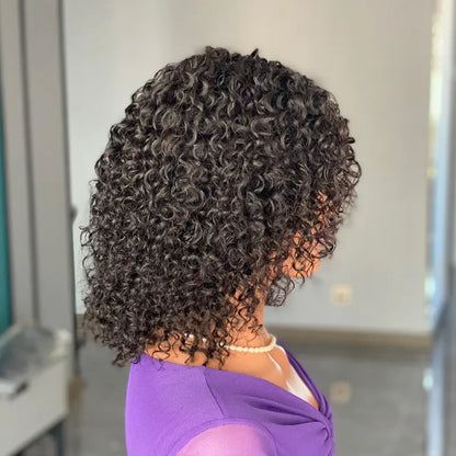 12A High Quality 10 Inch Virgin Human Hair Wigs 220% Density Curly Fringe with Bangs Full Cap for A Voluminous and Stylish Look