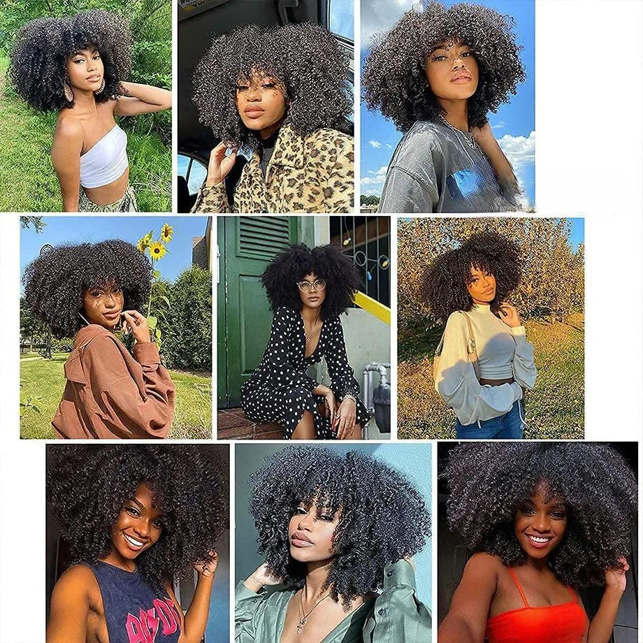 Mongolian Afro Kinky Curly Human Hair Wigs with Bangs Wear to go Glueless Wig Remy Brazilian Short Curly Bangs Wig Human Hair