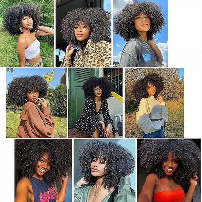 Mongolian Afro Kinky Curly Human Hair Wigs with Bangs Wear to go Glueless Wig Remy Brazilian Short Curly Bangs Wig Human Hair