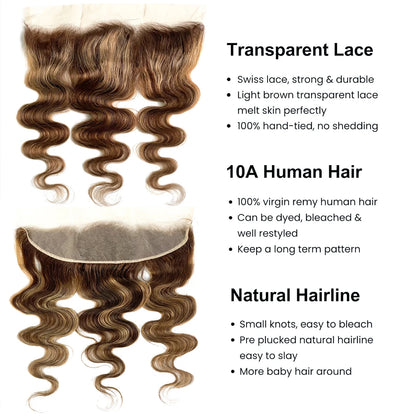 Highlight Body Wave Bundles With Frontal Honey Blonde P4/27 Body Wave Hair Bundles Human Hair Extensions with 13x4 Lace Frontal