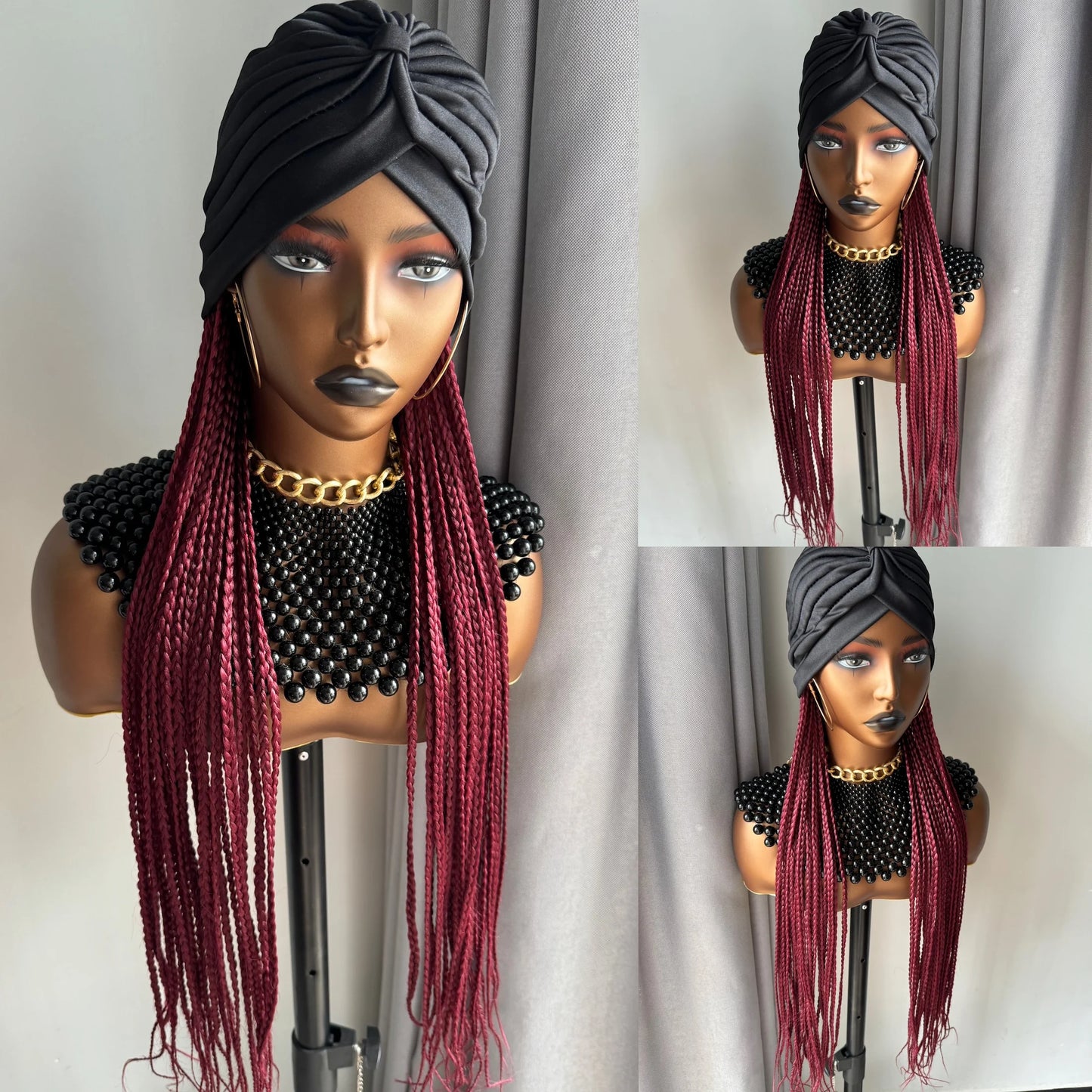 WIGERA Leopard Print Headband Long Braided Synthetic Wig With Turban Hat Box Braiding Hair Extensions Head Scarf  Easy Hairstyle