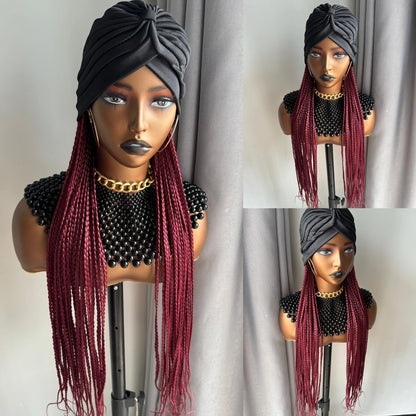 WIGERA Leopard Print Headband Long Braided Synthetic Wig With Turban Hat Box Braiding Hair Extensions Head Scarf  Easy Hairstyle
