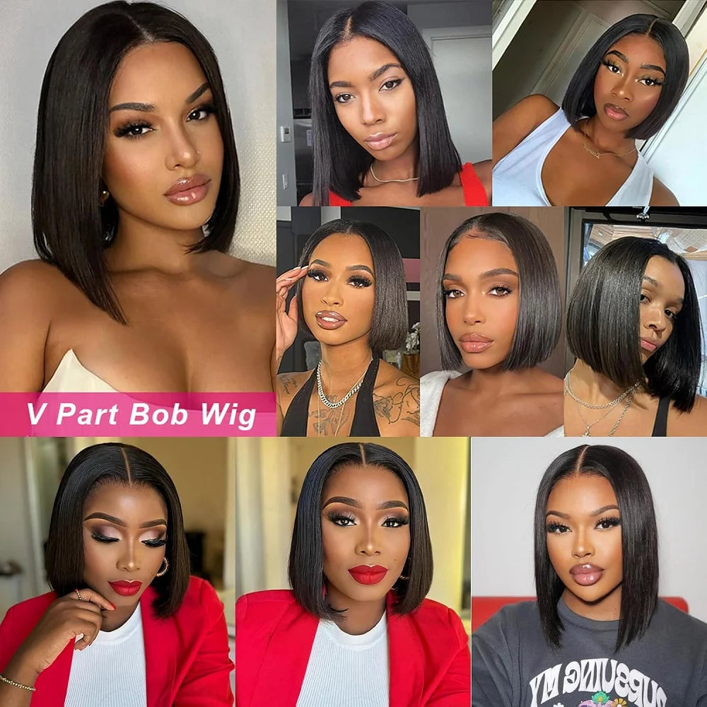 V Part Wig Human Hair Bob Wig for Black Women Brazilian Remy Straight Human Hair U Part Wig Beginner Friendly No Glue No Sew in