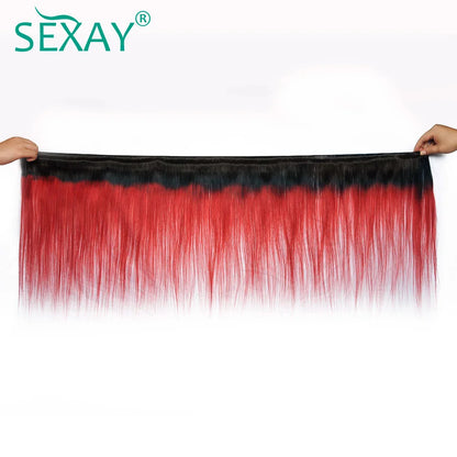 1B Red Bundles With Closure Baby Hair Ombre Straight Human Hair Weave 3 Bundles With 4x4 Transparent Lace Closure Pre Plucked