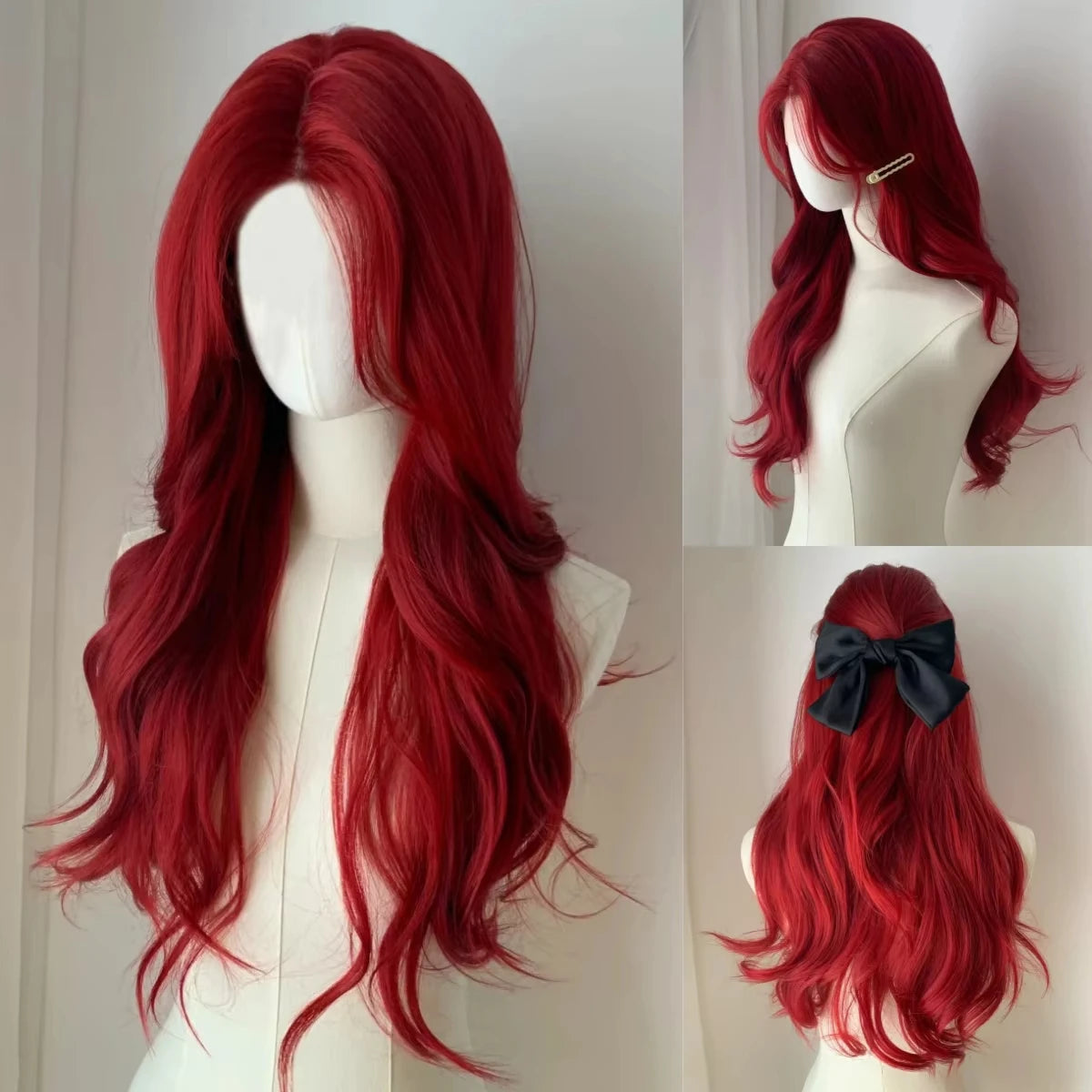 Fashion wine red Wave synthetic wig Long body wave red natural wig middle part of Cosplay Halloween smooth fiber wig for women