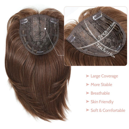 12 inches three clip synthetic wig top hair piece with bangs hair piece, brown bangs wig