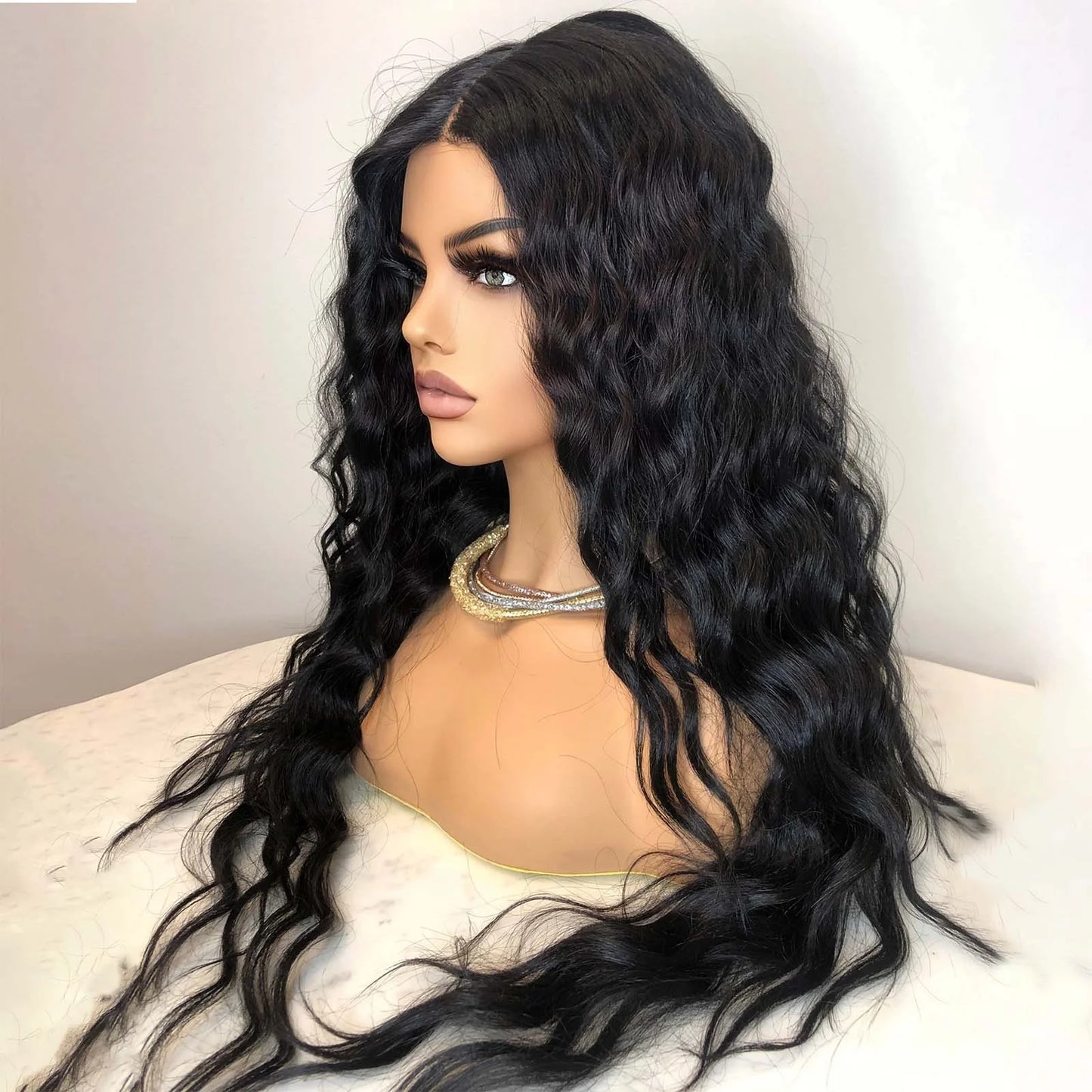 Long Curly Hair Wig for Women Natural Black Wavy Synthetic Wig Middle Part Pre Plucked Hairline 13X4 Lace Front Brunette Wigs