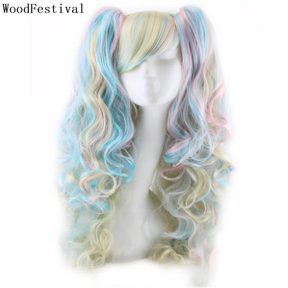 Synthetic Hair Wigs Cosplay Wig With Bangs Wavy Costume Wigs For Women Long Two Claw Clip Ponytail Wig Pink Red Blue Black White