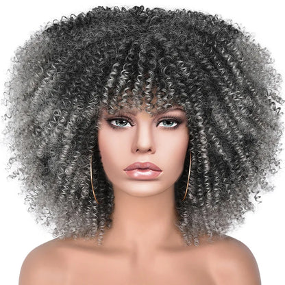Short Afro Kinky Curly Wig With Bangs For Black Women Synthetic Ombre Glueless Colorful Wig Cosplay Party Halloween Wigs