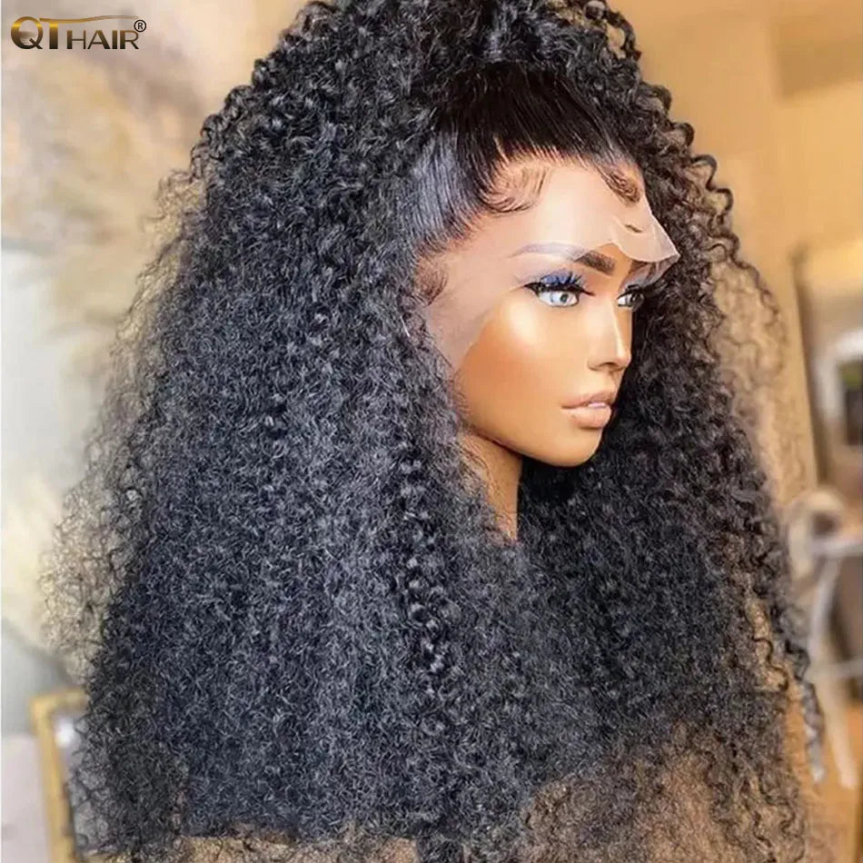 QT Brazilian 13x4 Kinky Curly Lace Front Wigs Transparent Lace Frontal Curly Wigs For Black Women Pre Plucked With Baby Hair