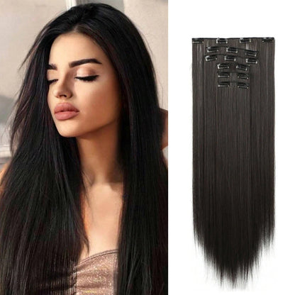 Synthetic Black Hair Extensions 24"/60cm 140g 6pcs/set Women Long Straight Full Head Clip 16 Clips  Ombre  Heat Resistant Fiber