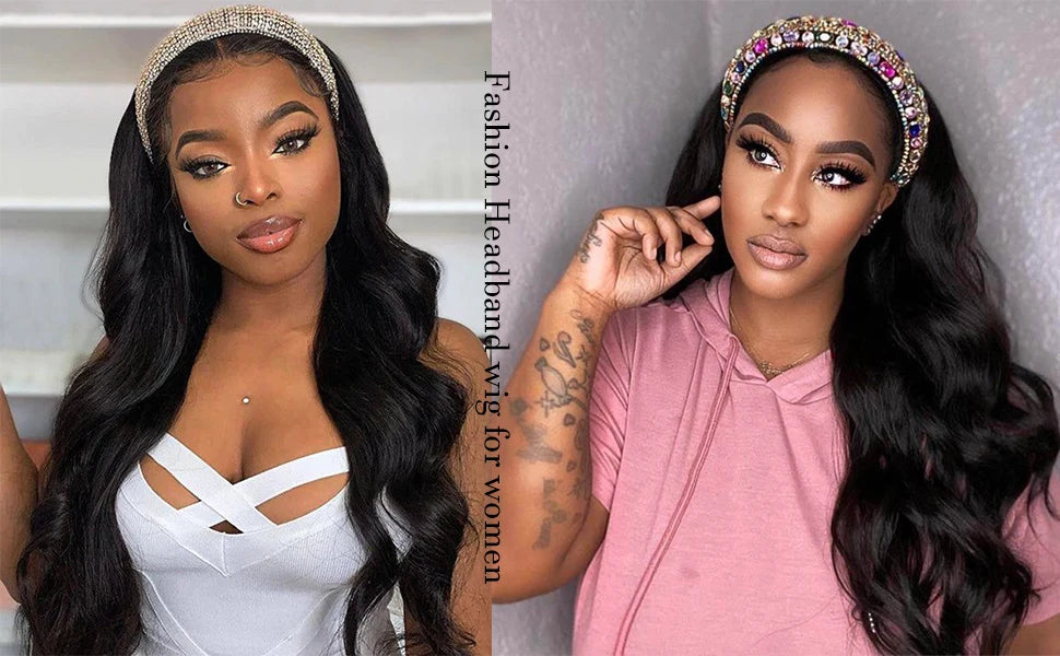 Long Wavy Headband Wig for Women Black Wigs with Brown Blonde Wigs Put On and Go Glueless Wig Long Synthetic Wig Party Daliy Use