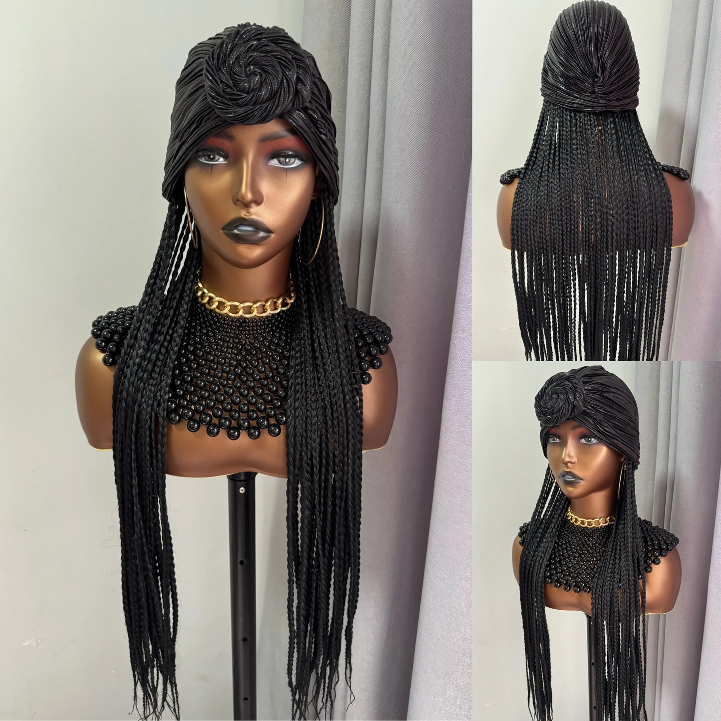 WIGERA Leopard Print Headband Long Braided Synthetic Wig With Turban Hat Box Braiding Hair Extensions Head Scarf  Easy Hairstyle