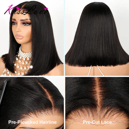 Kinky Straight Bob Glueless Wigs Human Hair Pull Go Wig with Elastic Drawstring HD Lace Frontal Wigs Human Hair Short Bob Wigs