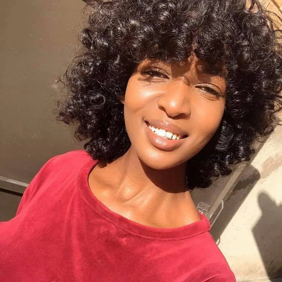 Mongolian Afro Kinky Curly Human Hair Wigs with Bangs Wear to go Glueless Wig Remy Brazilian Short Curly Bangs Wig Human Hair