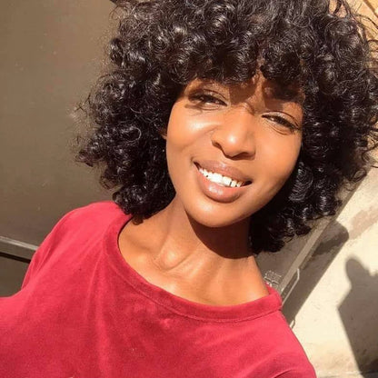 Mongolian Afro Kinky Curly Human Hair Wigs with Bangs Wear to go Glueless Wig Remy Brazilian Short Curly Bangs Wig Human Hair