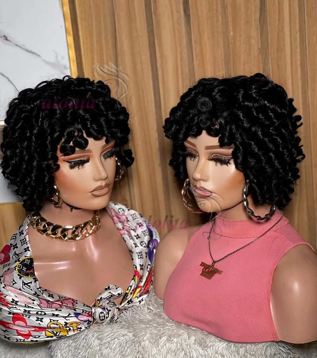 Bouncy Curly Human Hair Wig With Bangs Pixie Cut Bob Wigs Romance Curl Human Hair Wig Full Machine Made Scalp Wig For Women Wig