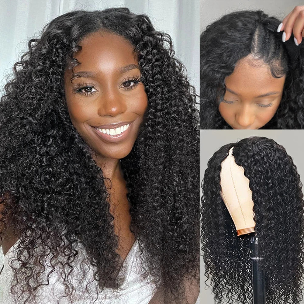 V Part Human Hair Wig Kinky Curly Wigs Glueless No Leave Out No Gule Curly U Part Human Hair Wig For Women Human Hair