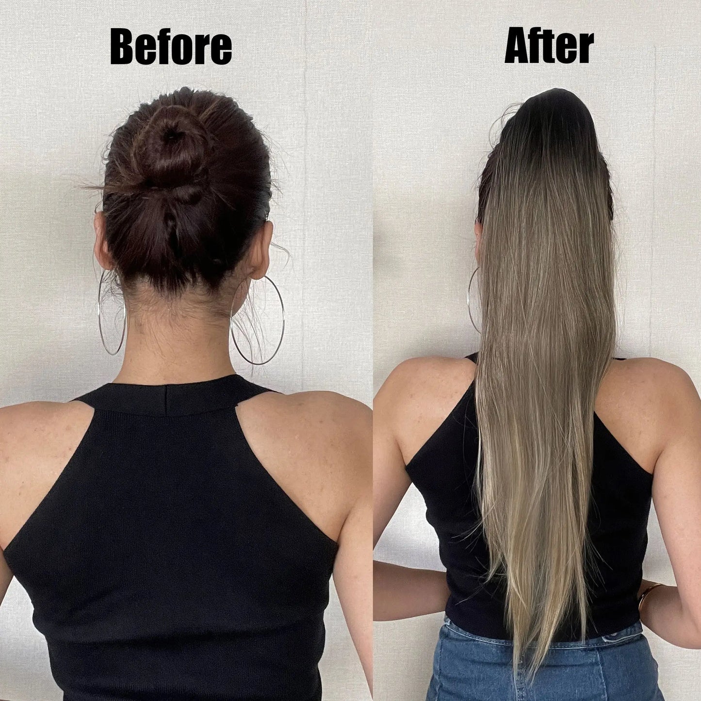 Ponytail Hair Extension Brown Ombre 24inch Long Straight Drawstring Ponytail Natural Pony Tail Synthetic Hairpiece for Women