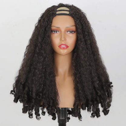 Afro Curly U Part Wig Synthetic Braided Hair Texture with Unique Bouncy Curls in the End 24 "Soft Kinky Straight Full Hair Wigs