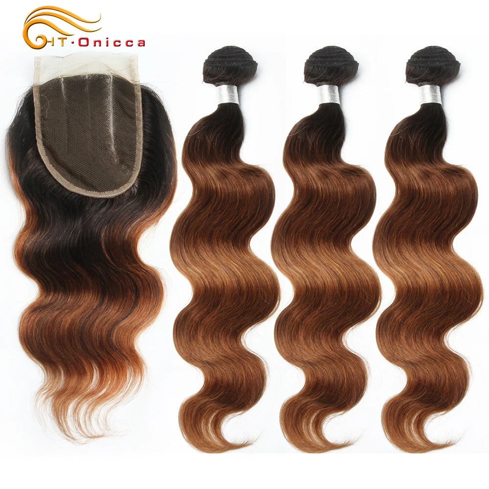 Body Wave Bundles With Closure 100% Human Hair Weave Bundles With Closure 70g/pc Brazilian Hair Weave Ombre Bundles With Closure
