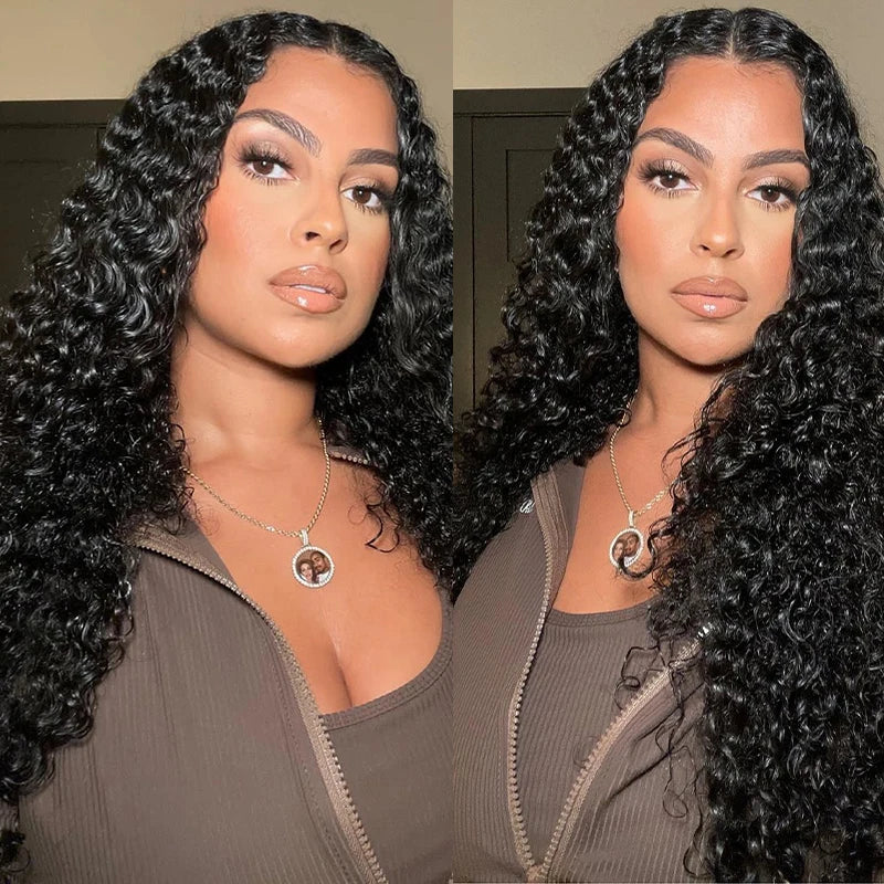 Deep Wave Human Hair Bundles With Transparent Swiss Lace Closure Hand Tied Brazilian Hair Extensions Double Weaving Bundles